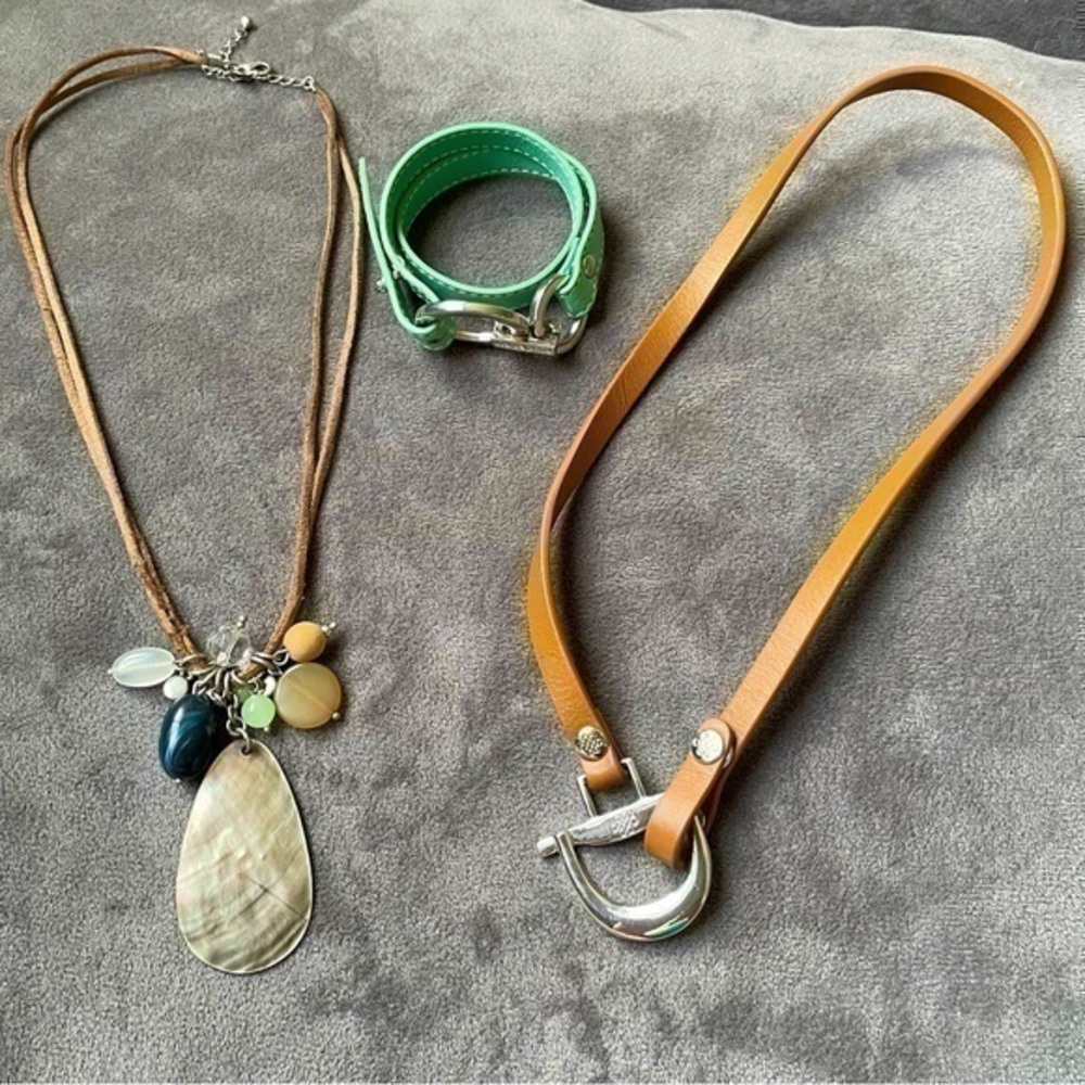 SET ❤️ Lia Sophia Wrap Bracelet & Leather 2 Necklaces, Abalone Shell Cowboy Boho